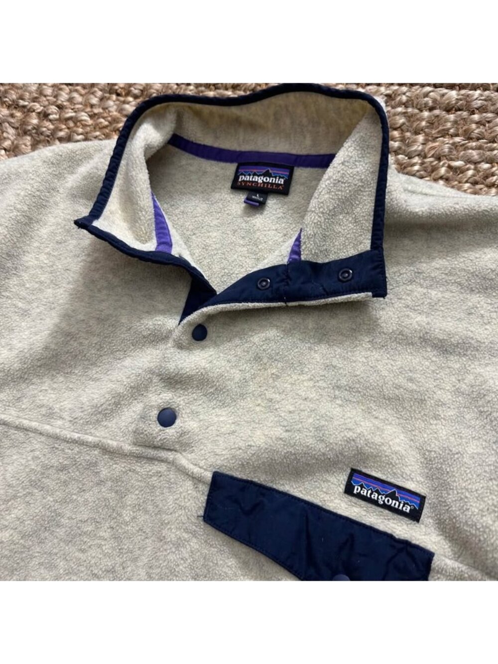 Patagonia Synchilla Snap-T Fleece Pullover Oatmeal Cream Navy Size Large STY2545